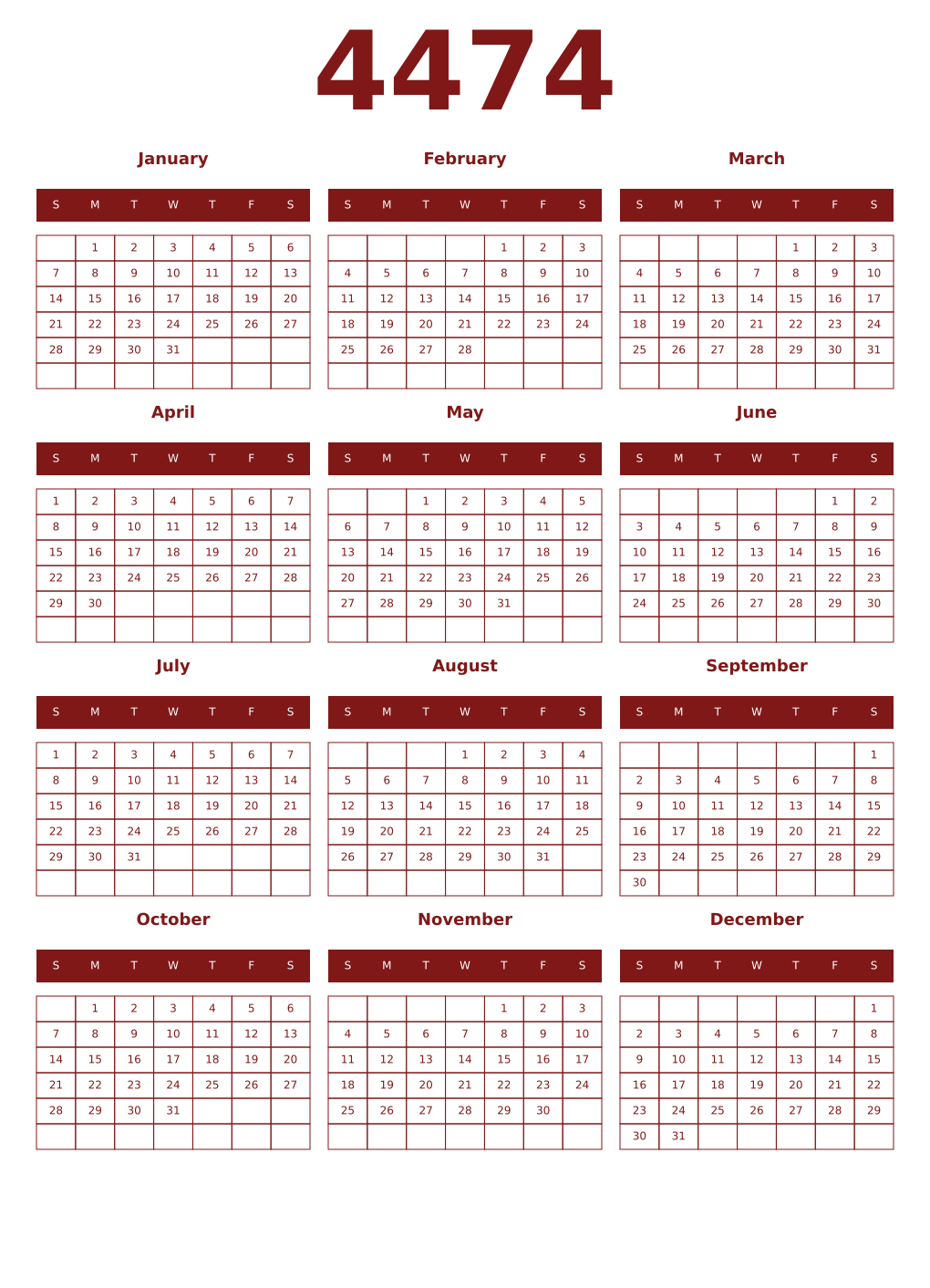 Printable 4474 Year Calendars falu