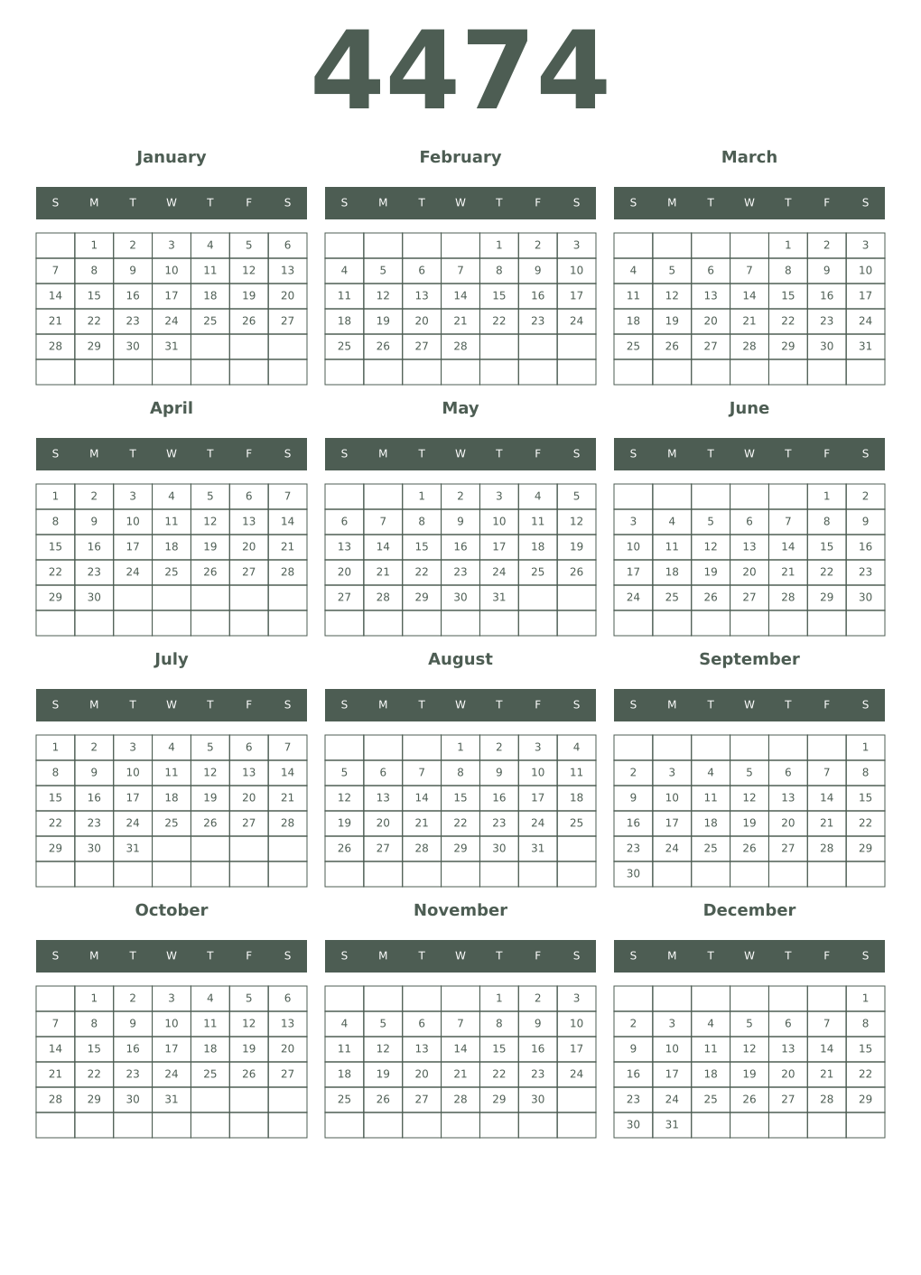 Printable 4474 Year Calendars feldgrau
