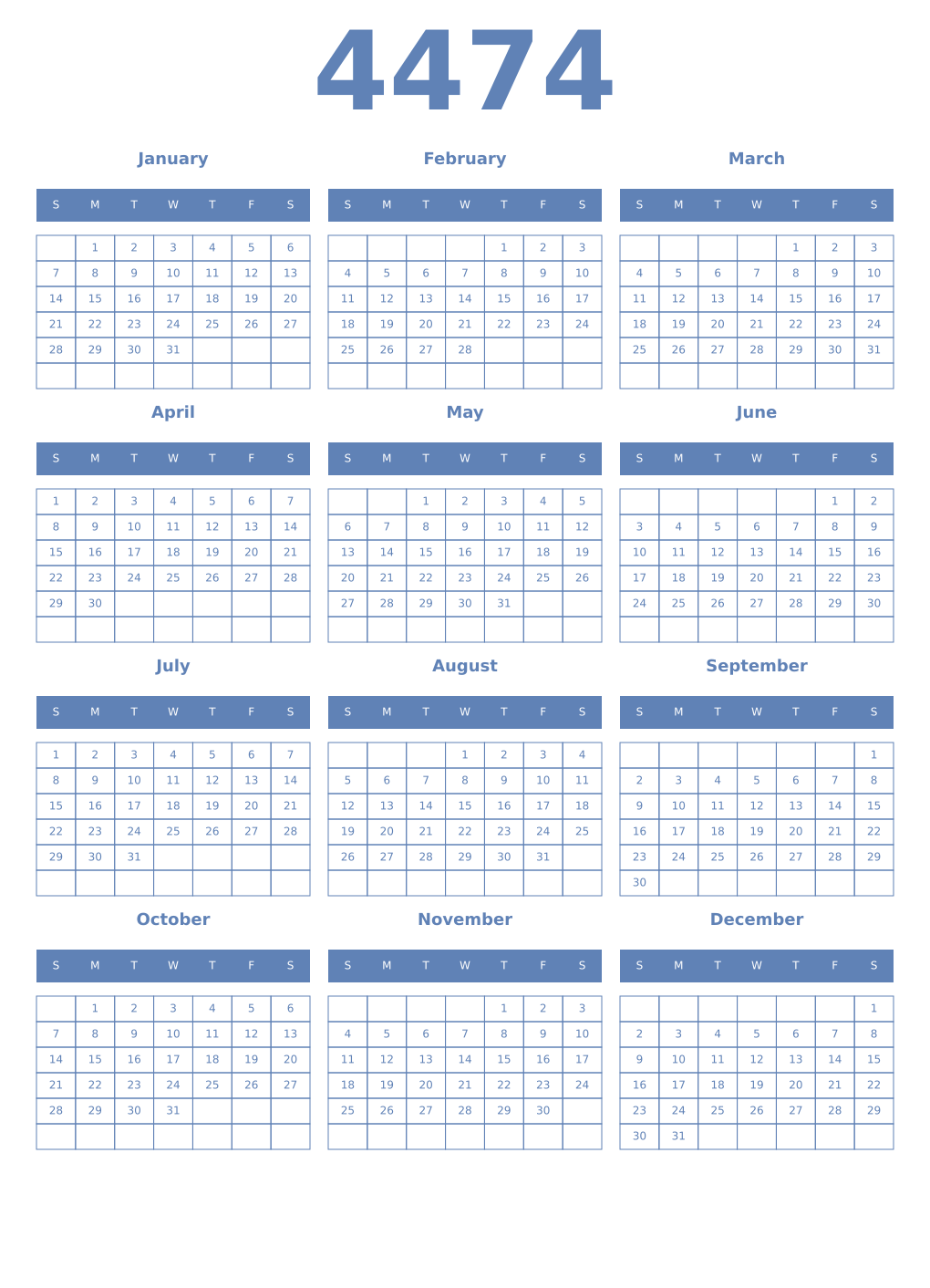 Printable 4474 Year Calendars glaucous