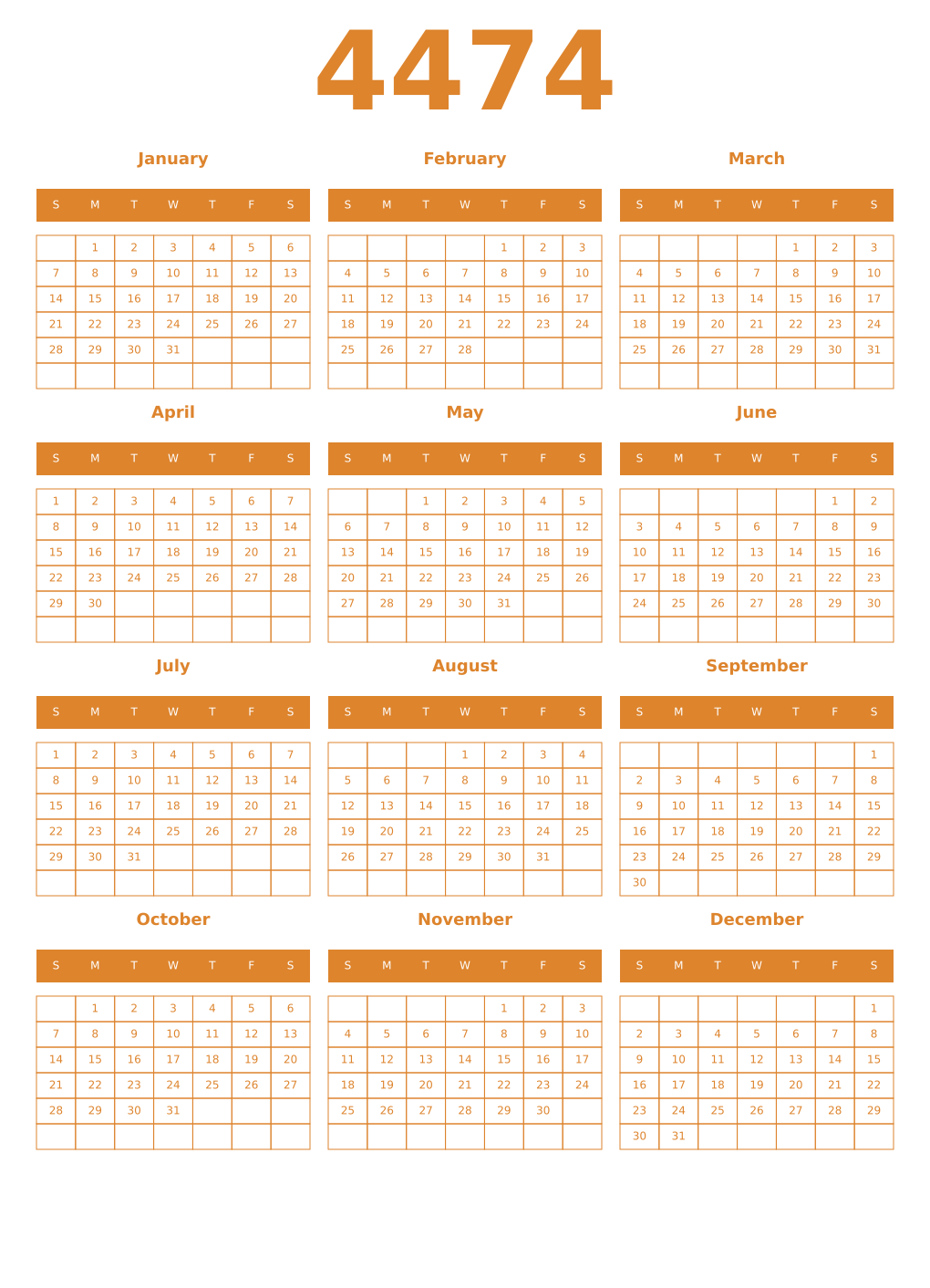 Printable 4474 Year Calendars orange