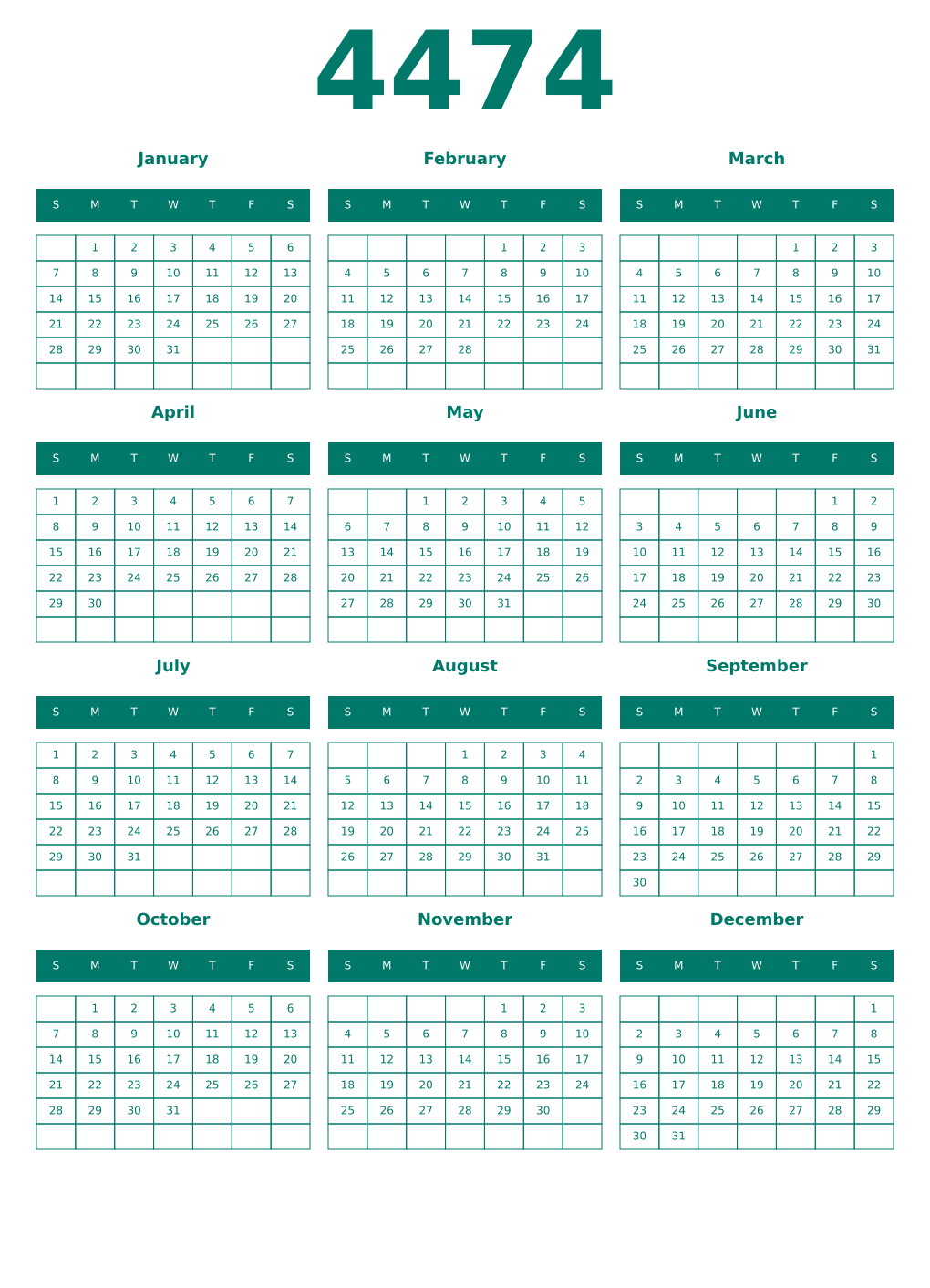 Printable 4474 Year Calendars pastel