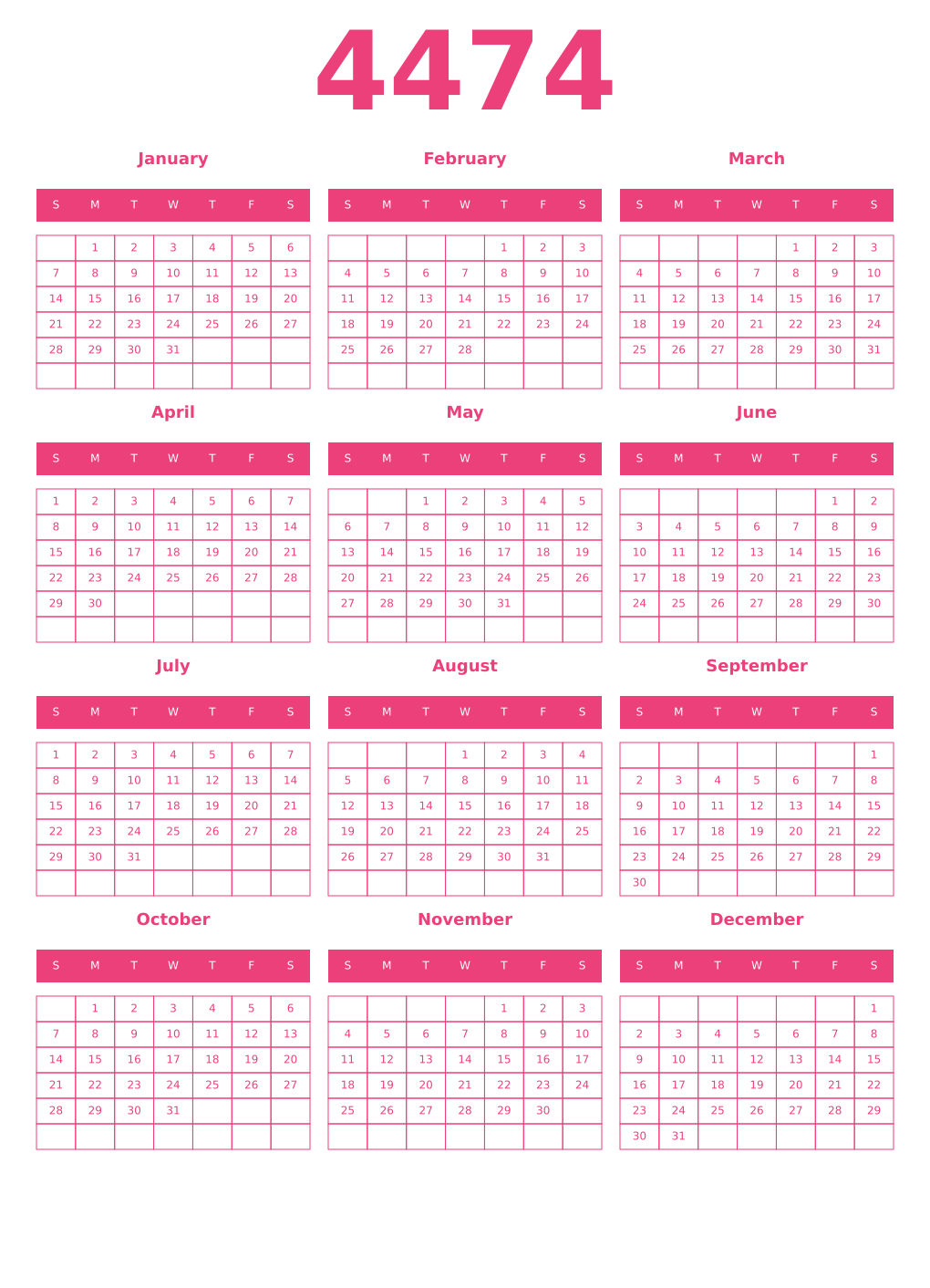 Printable 4474 Year Calendars pink