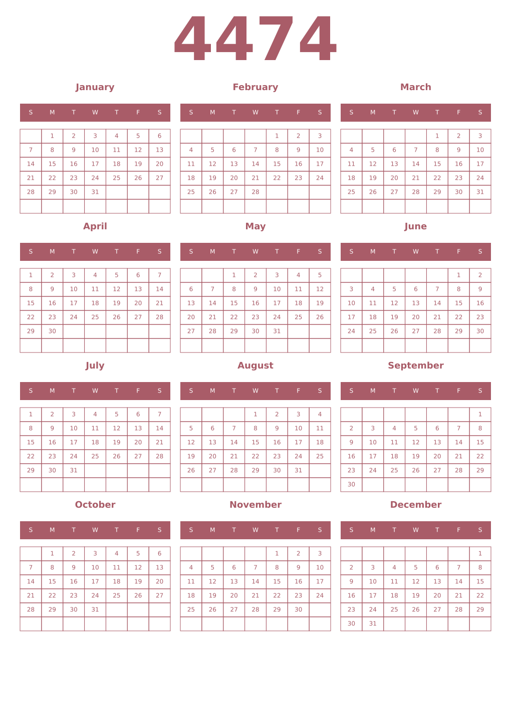 Printable 4474 Year Calendars puce