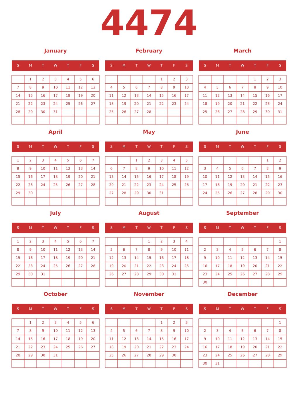 Printable 4474 Year Calendars red