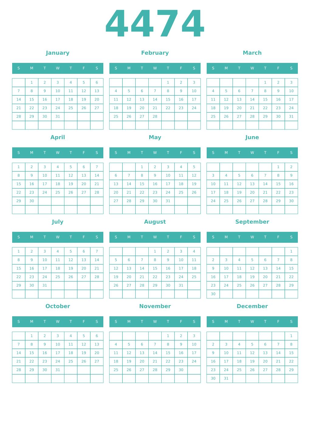 Printable 4474 Year Calendars verdigris