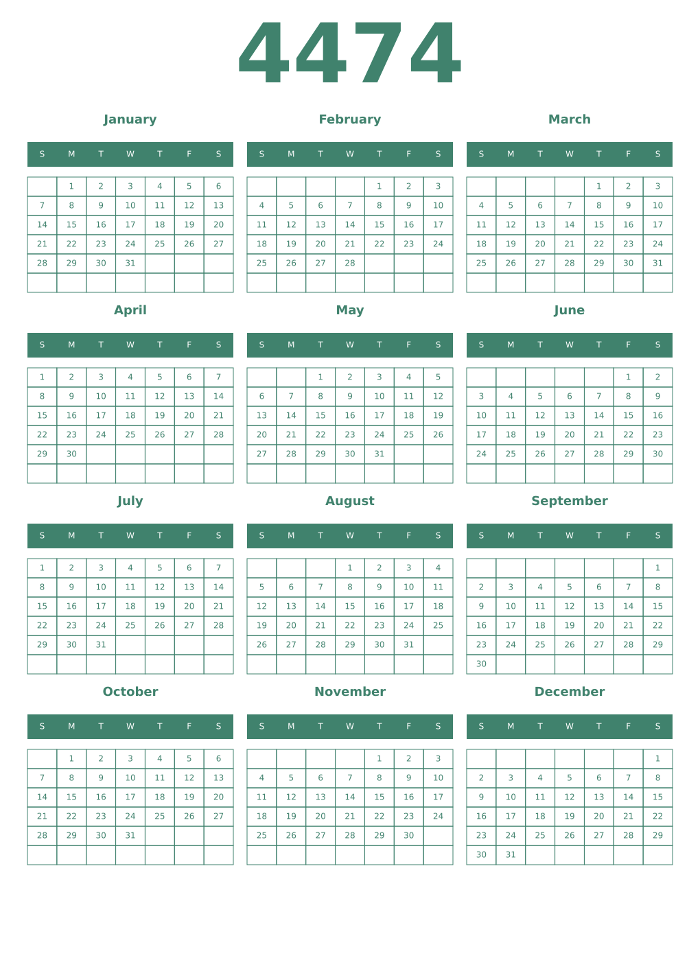 Printable 4474 Year Calendars viridian