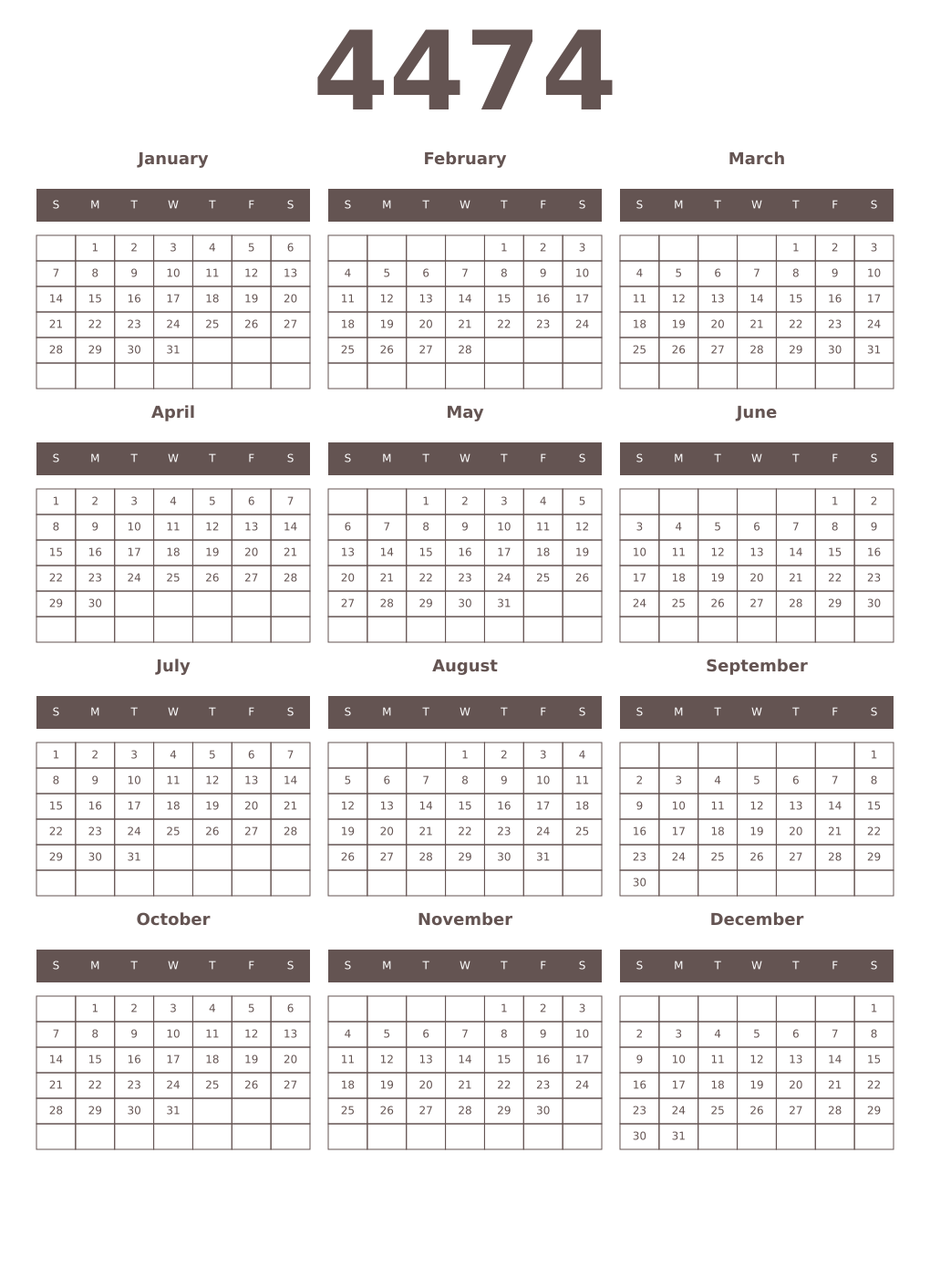 Printable 4474 Year Calendars wenge