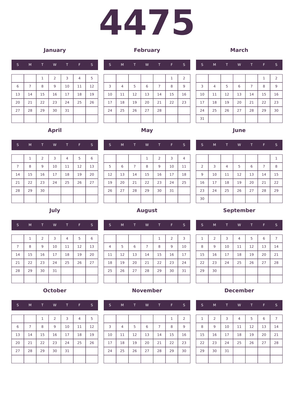 Printable 4475 Year Calendars aubergine
