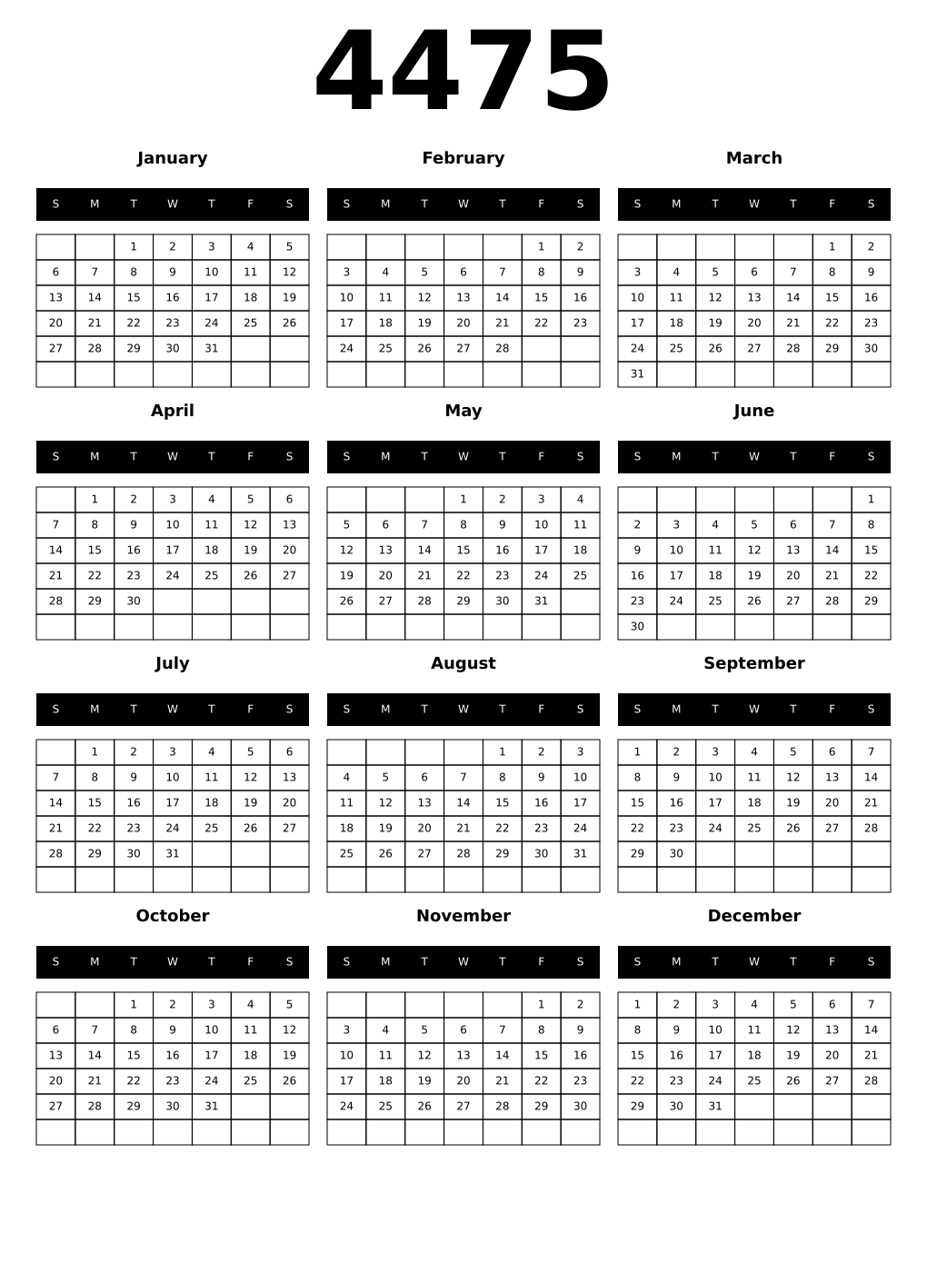 Printable 4475 Year Calendars black