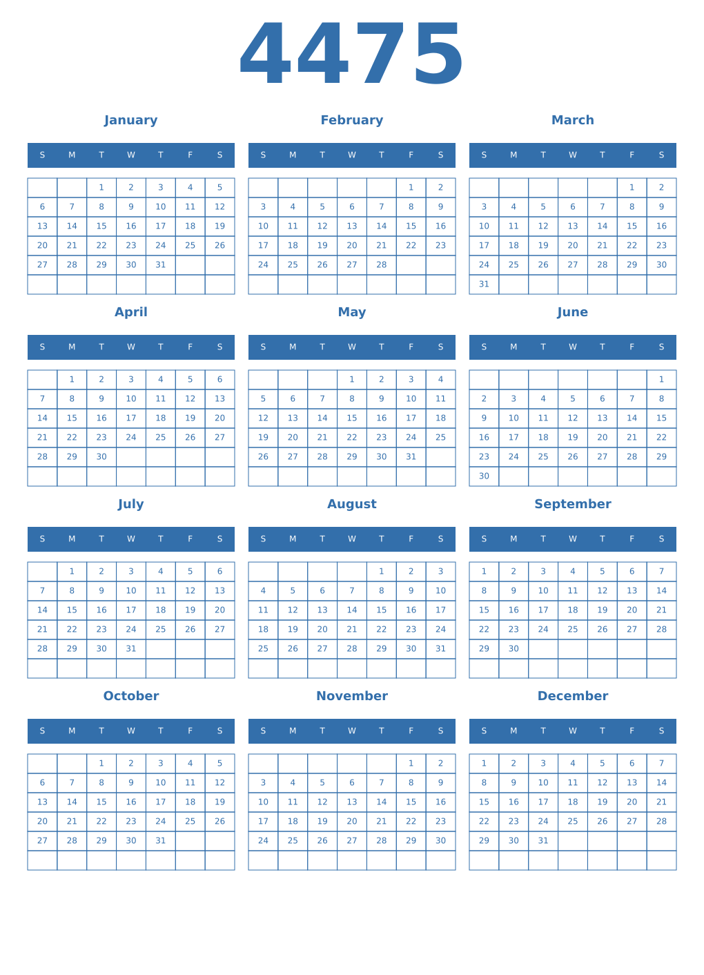 Printable 4475 Year Calendars blue