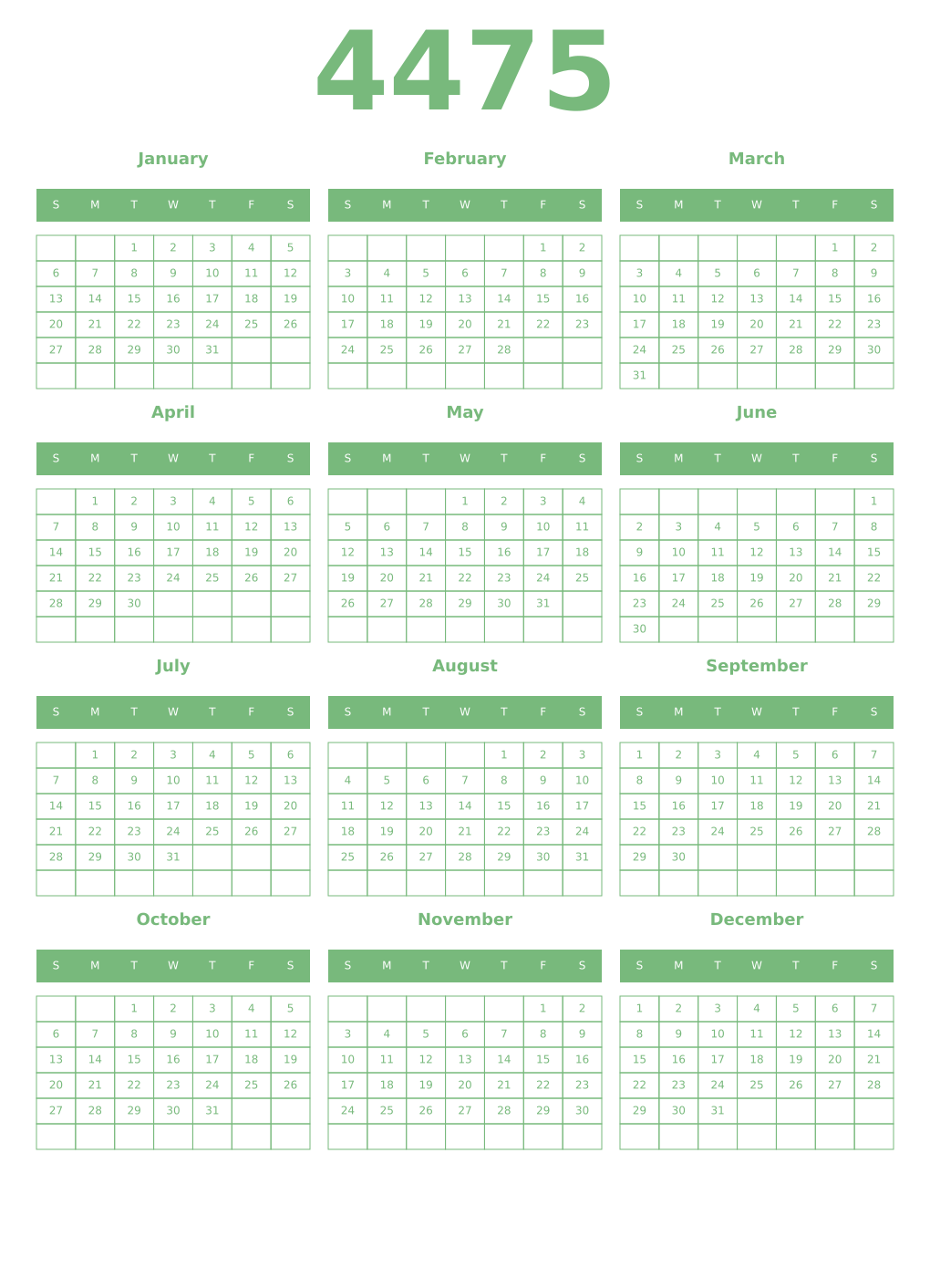 Printable 4475 Year Calendars celadon