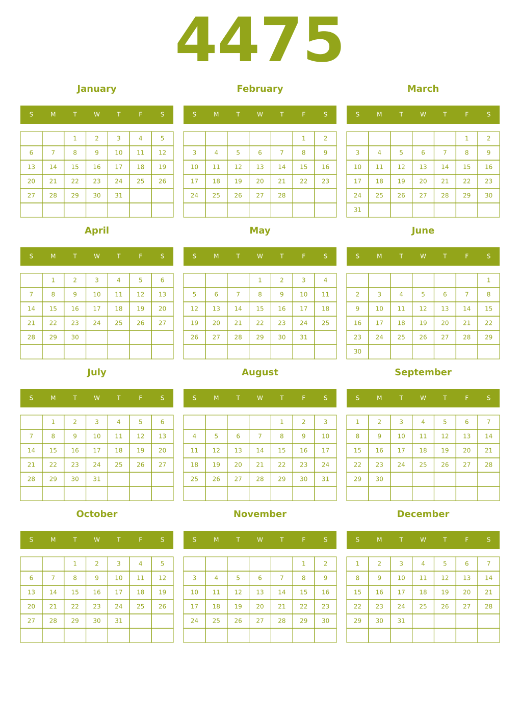 Printable 4475 Year Calendars chartreuse