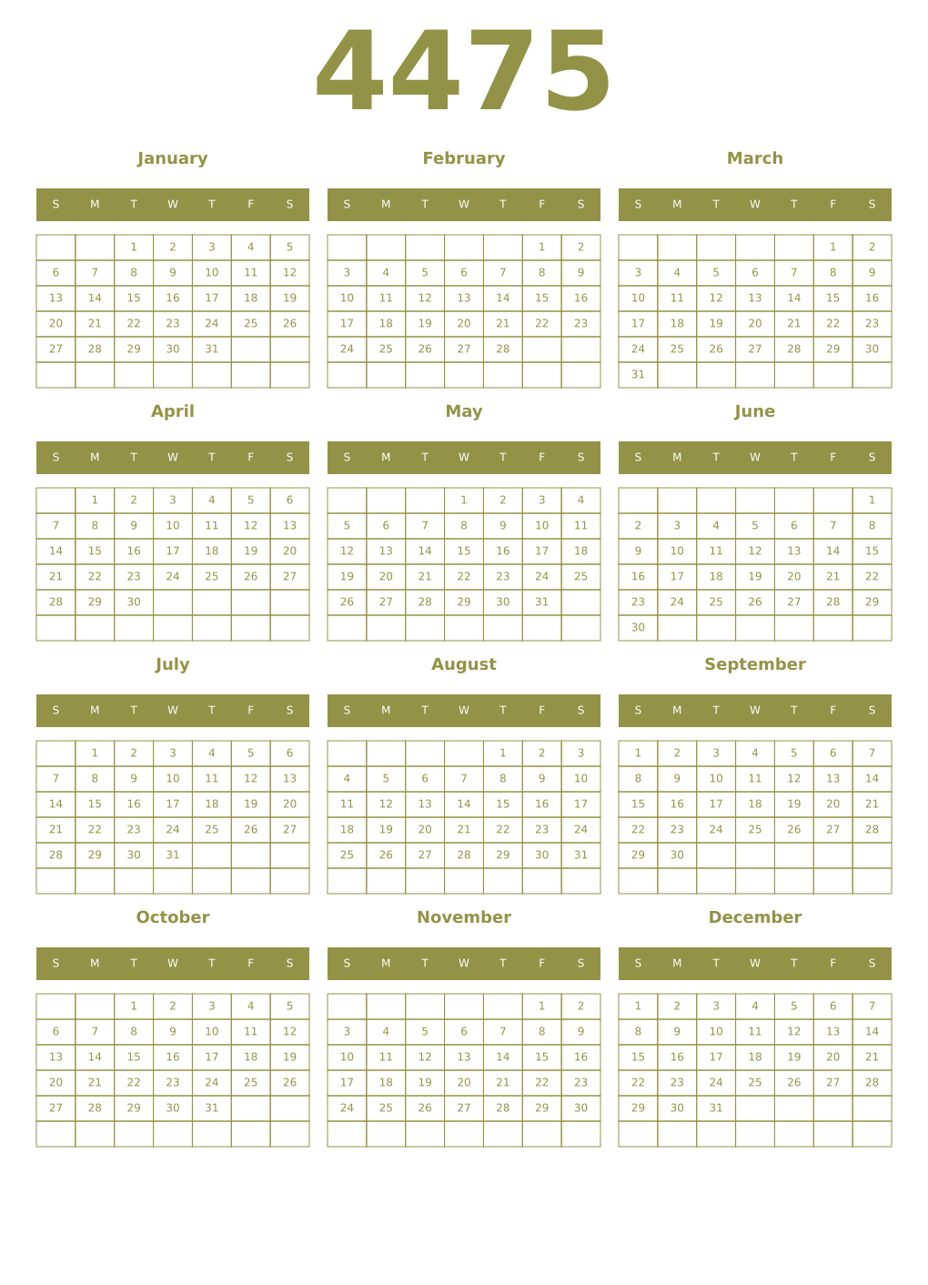 Printable 4475 Year Calendars eburnean