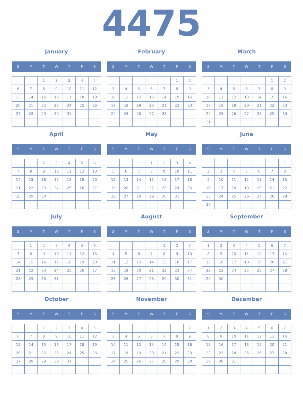 Printable 4475 Year Calendars glaucous