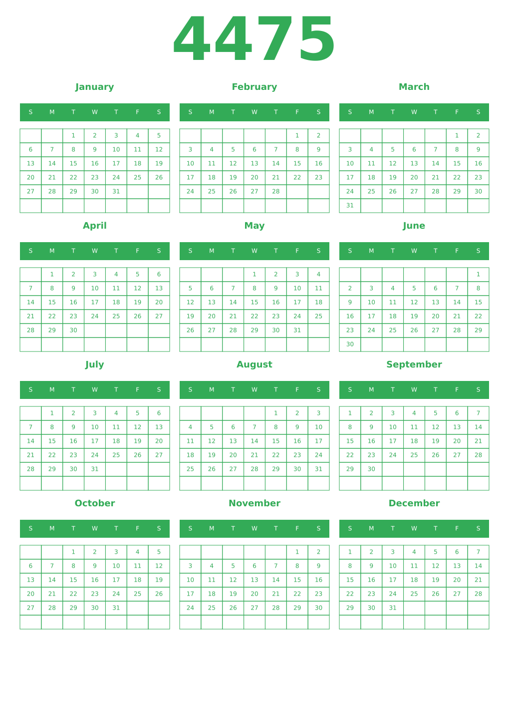 Printable 4475 Year Calendars green