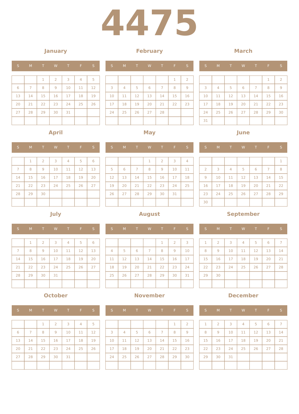Printable 4475 Year Calendars isabelline