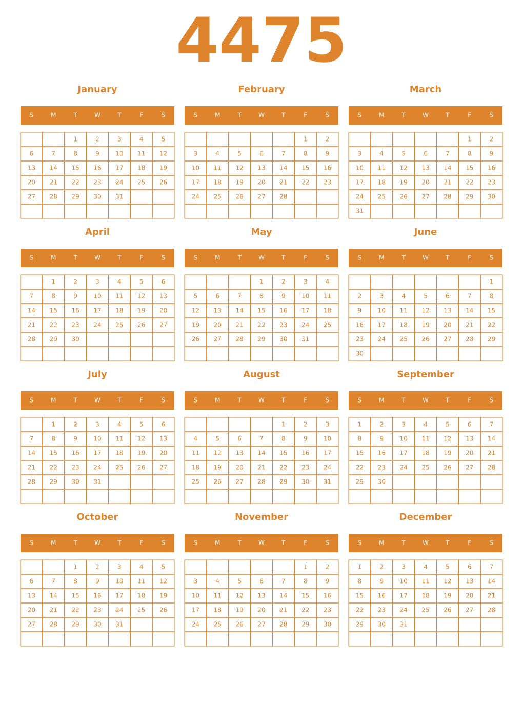 Printable 4475 Year Calendars orange