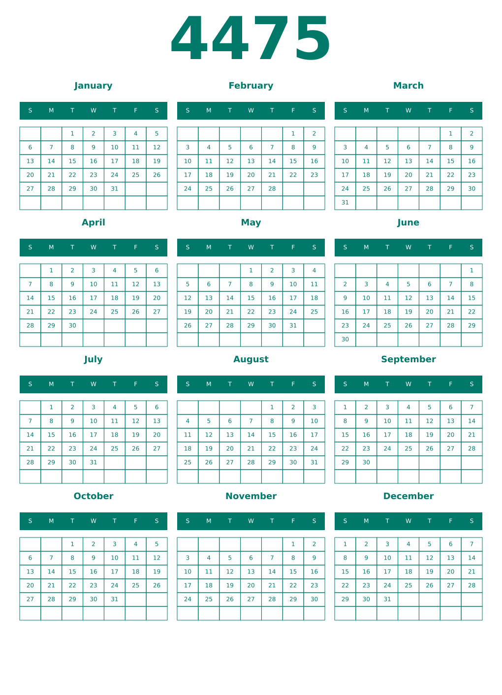 Printable 4475 Year Calendars pastel