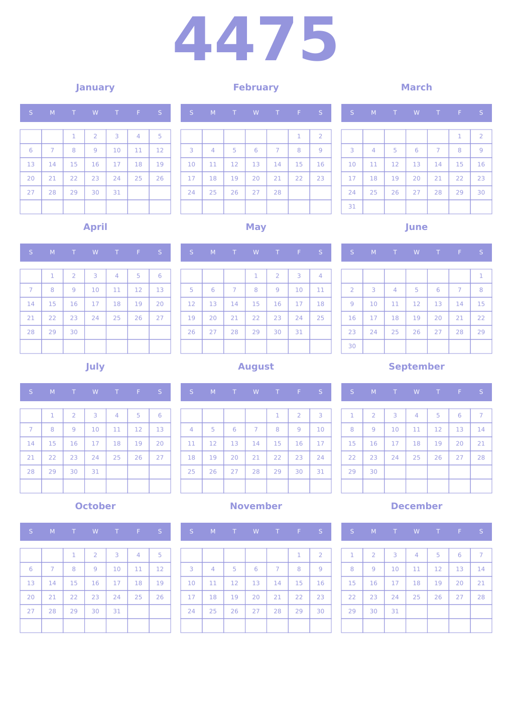 Printable 4475 Year Calendars periwinkle