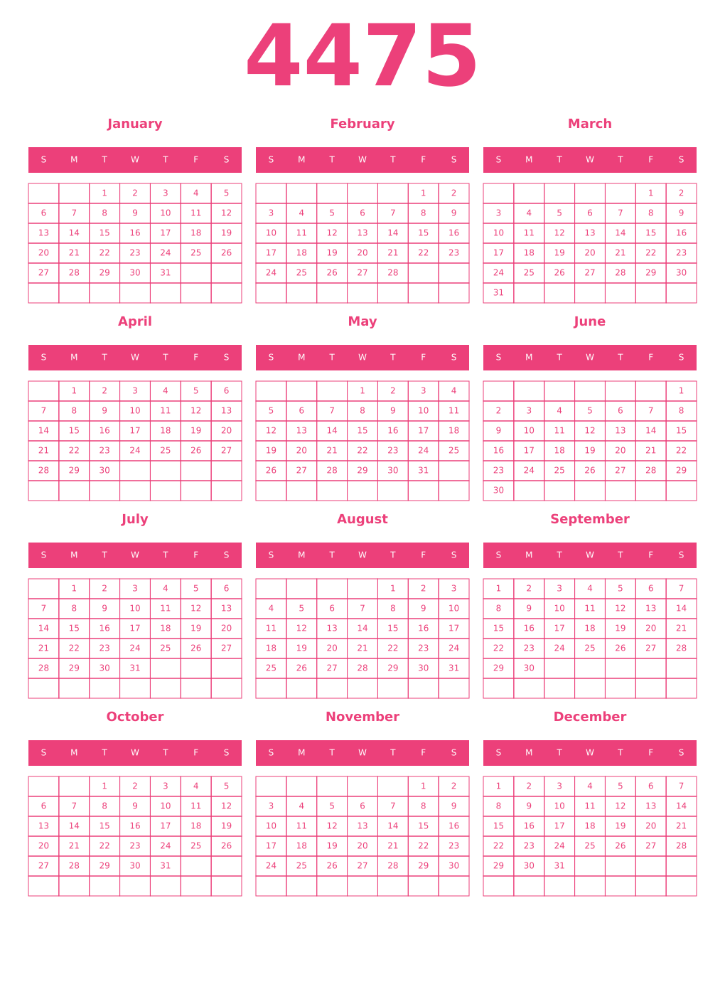 Printable 4475 Year Calendars pink