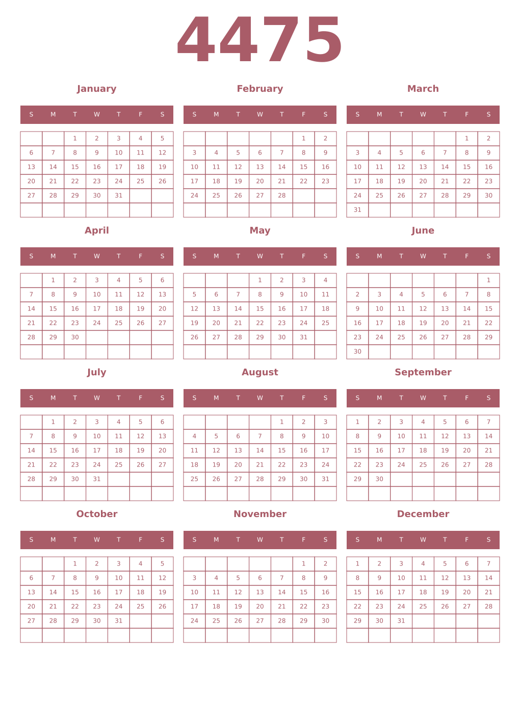 Printable 4475 Year Calendars puce