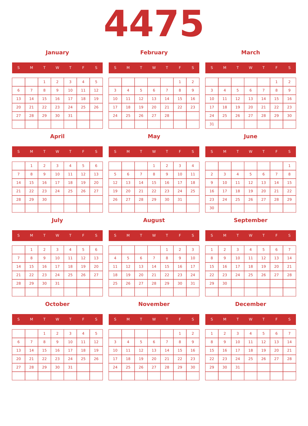 Printable 4475 Year Calendars red