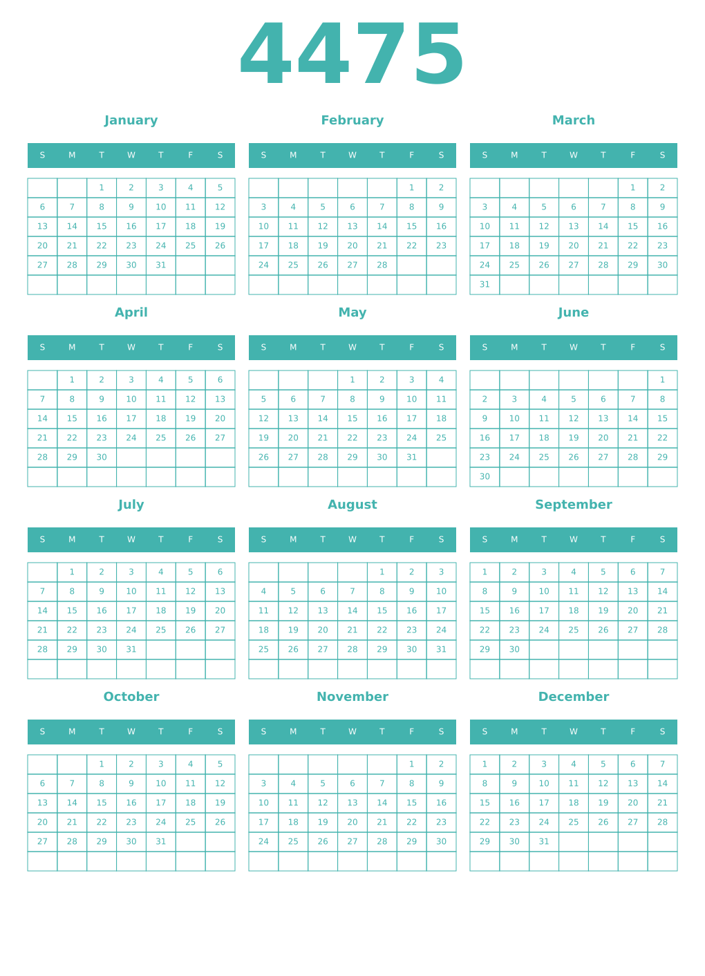 Printable 4475 Year Calendars verdigris