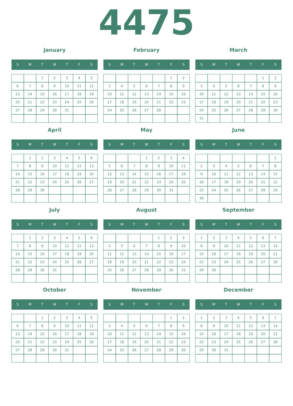 Printable 4475 Year Calendars viridian