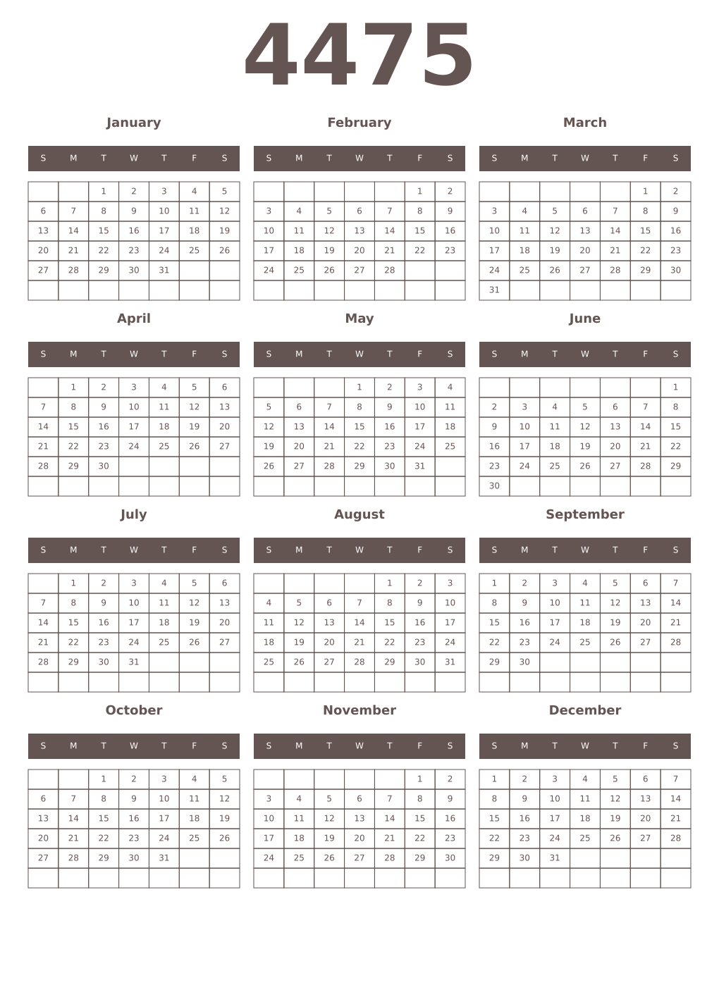 Printable 4475 Year Calendars wenge
