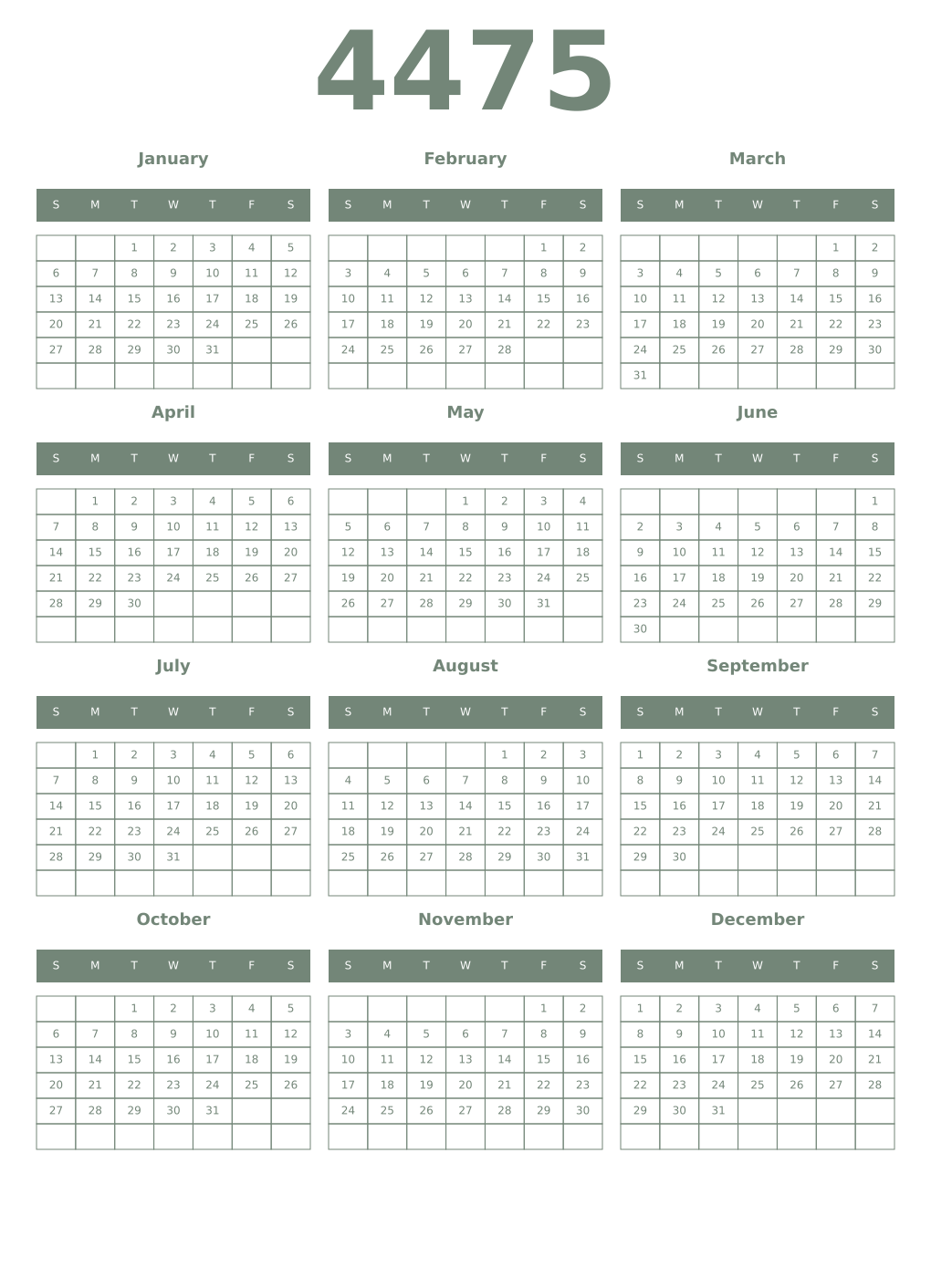 Printable 4475 Year Calendars xanadu