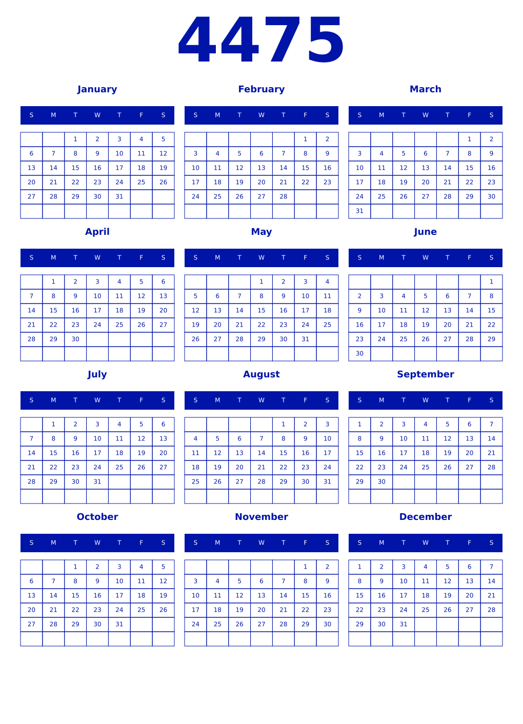 Printable 4475 Year Calendars zaffre