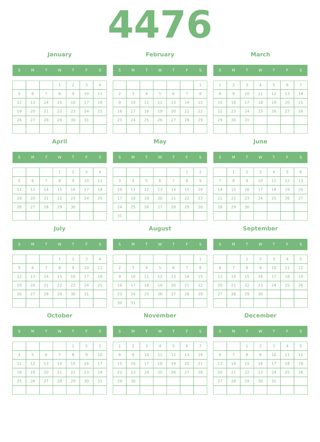 Printable 4476 Year Calendars celadon