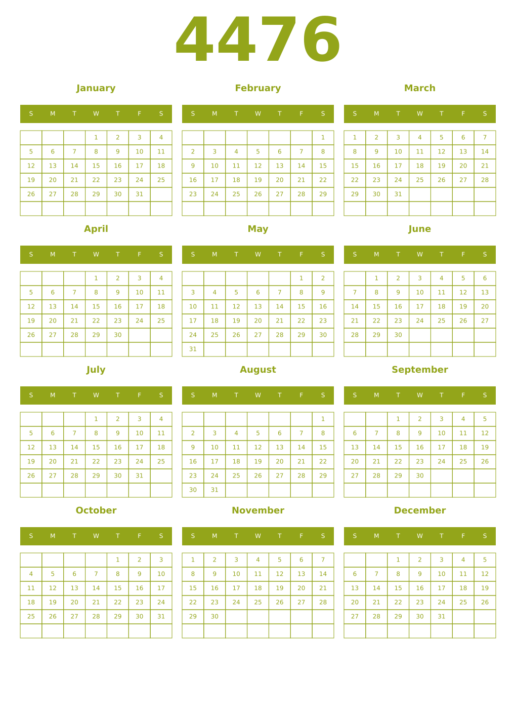Printable 4476 Year Calendars chartreuse