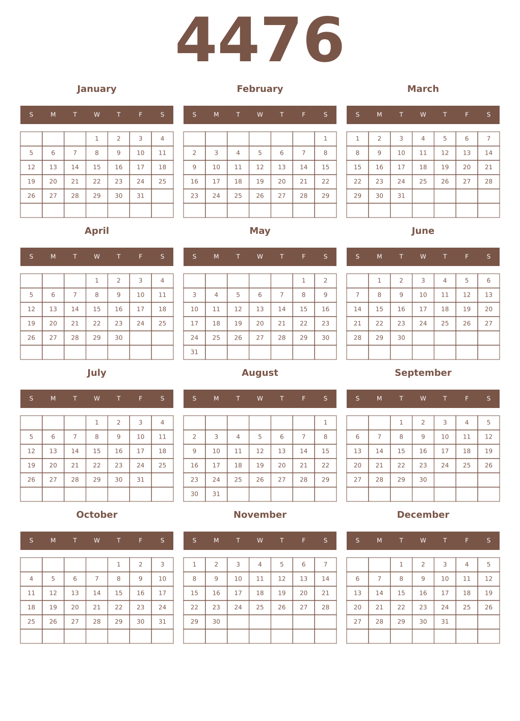 Printable 4476 Year Calendars coffe