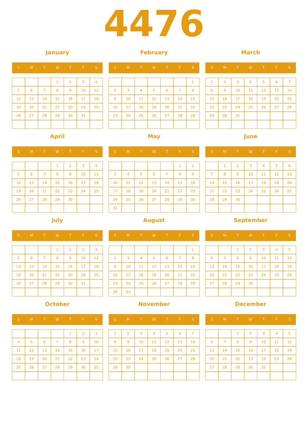 Printable 4476 Year Calendars gamboge