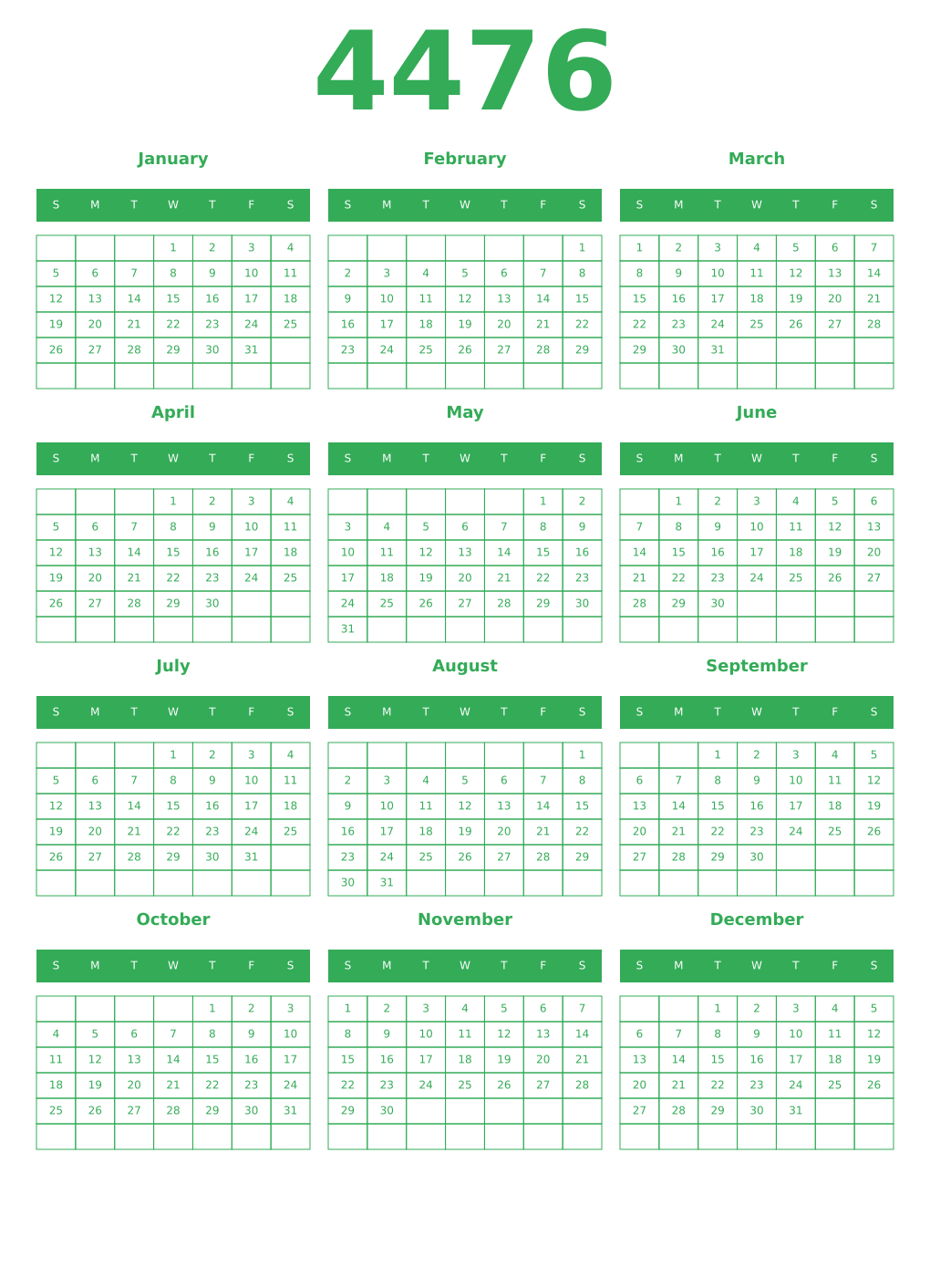 Printable 4476 Year Calendars green
