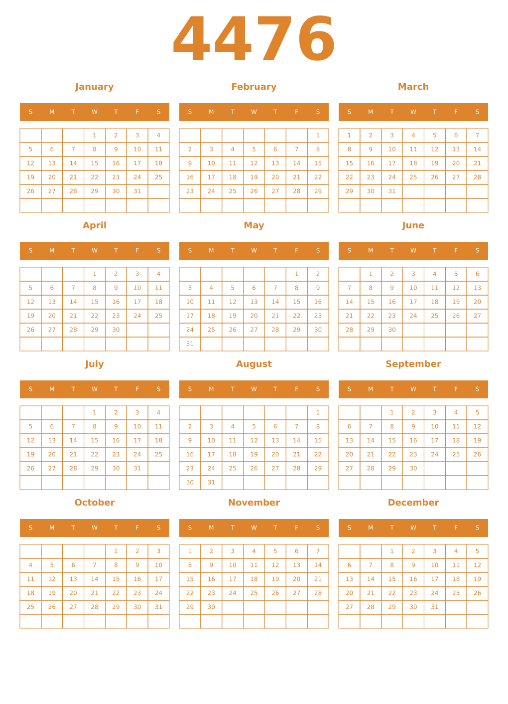Printable 4476 Year Calendars orange