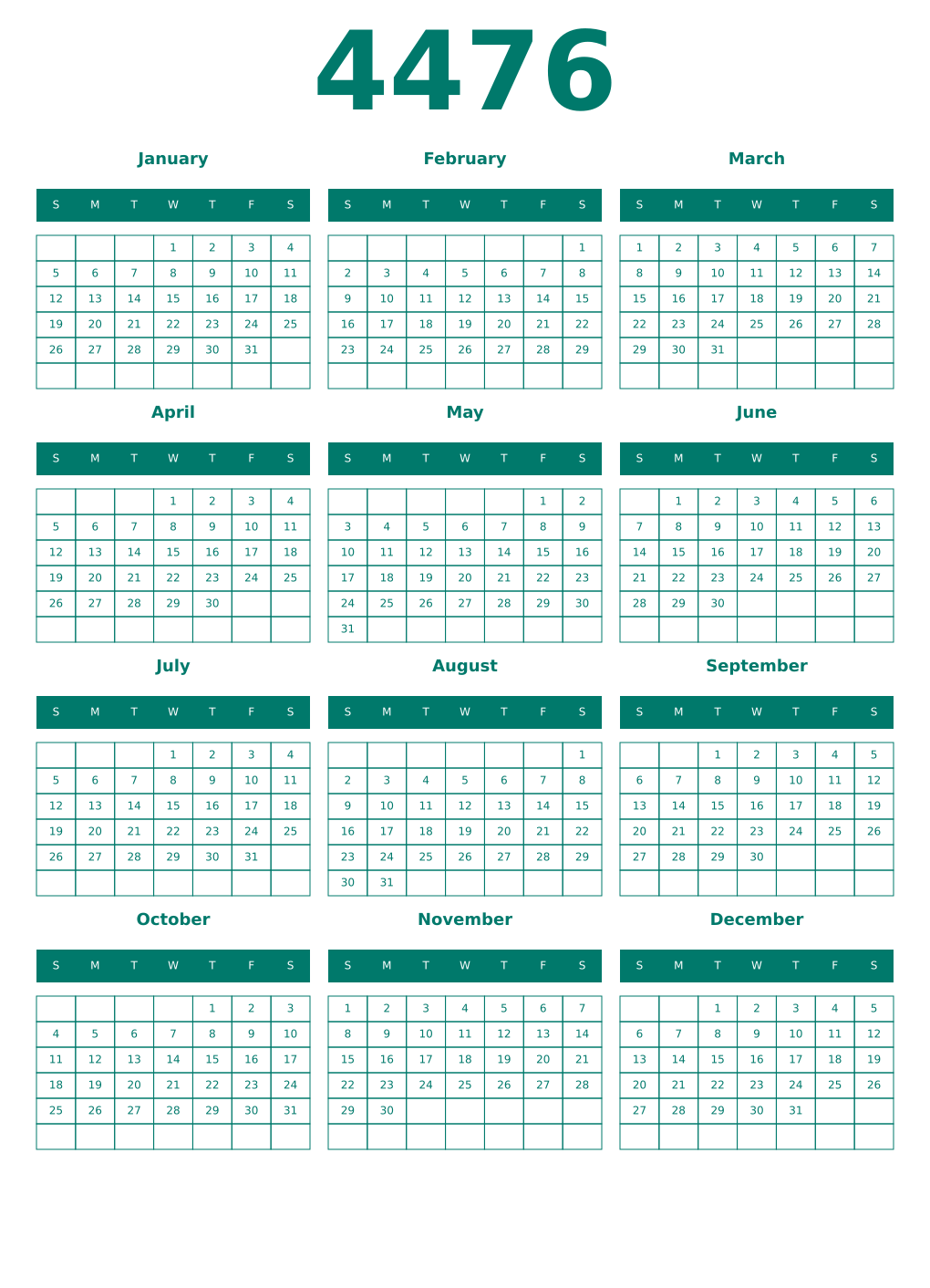 Printable 4476 Year Calendars pastel