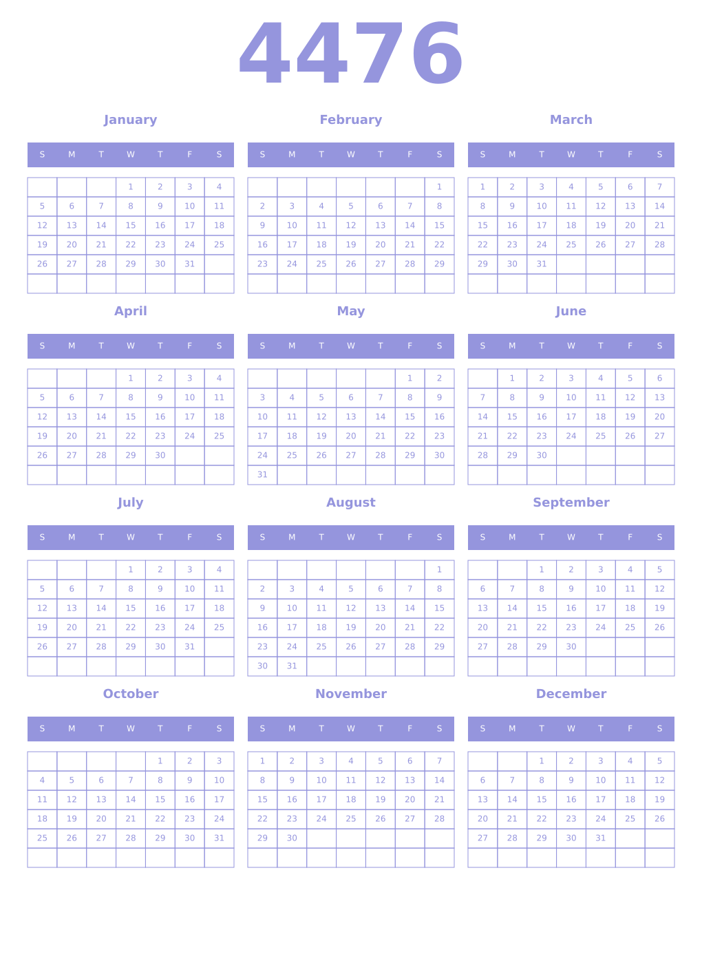 Printable 4476 Year Calendars periwinkle