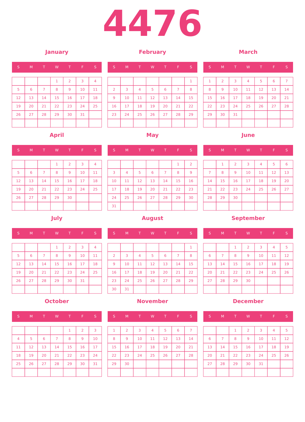 Printable 4476 Year Calendars pink