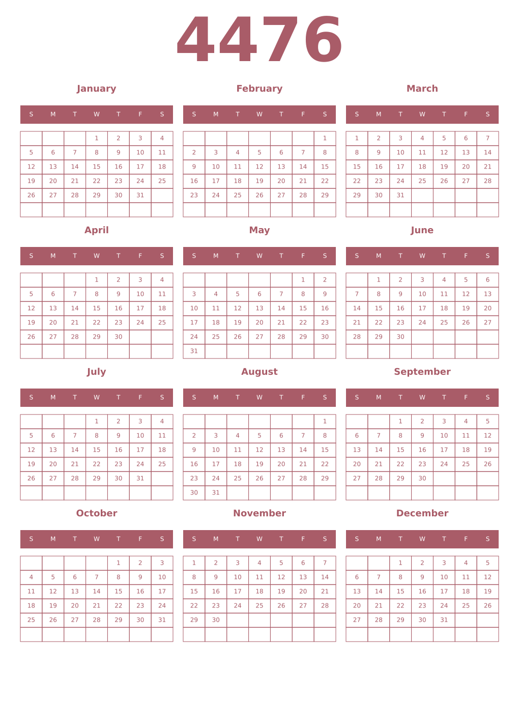 Printable 4476 Year Calendars puce