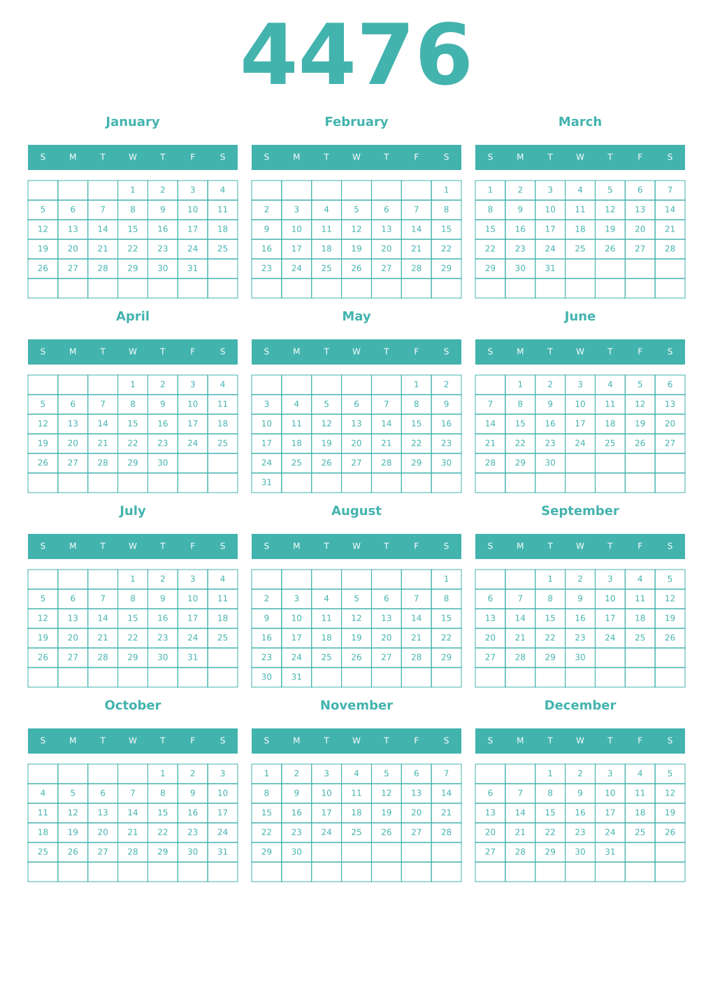 Printable 4476 Year Calendars verdigris
