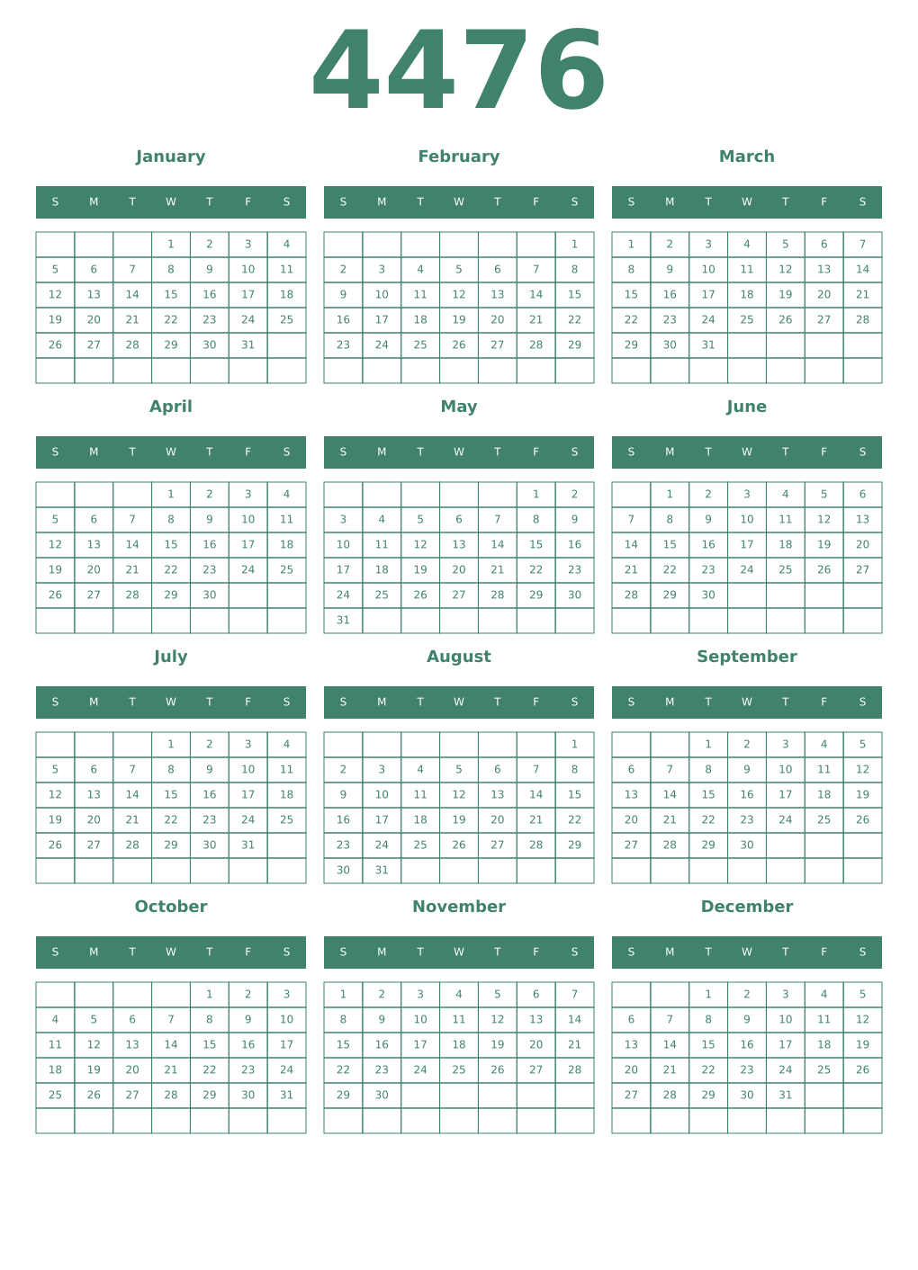 Printable 4476 Year Calendars viridian