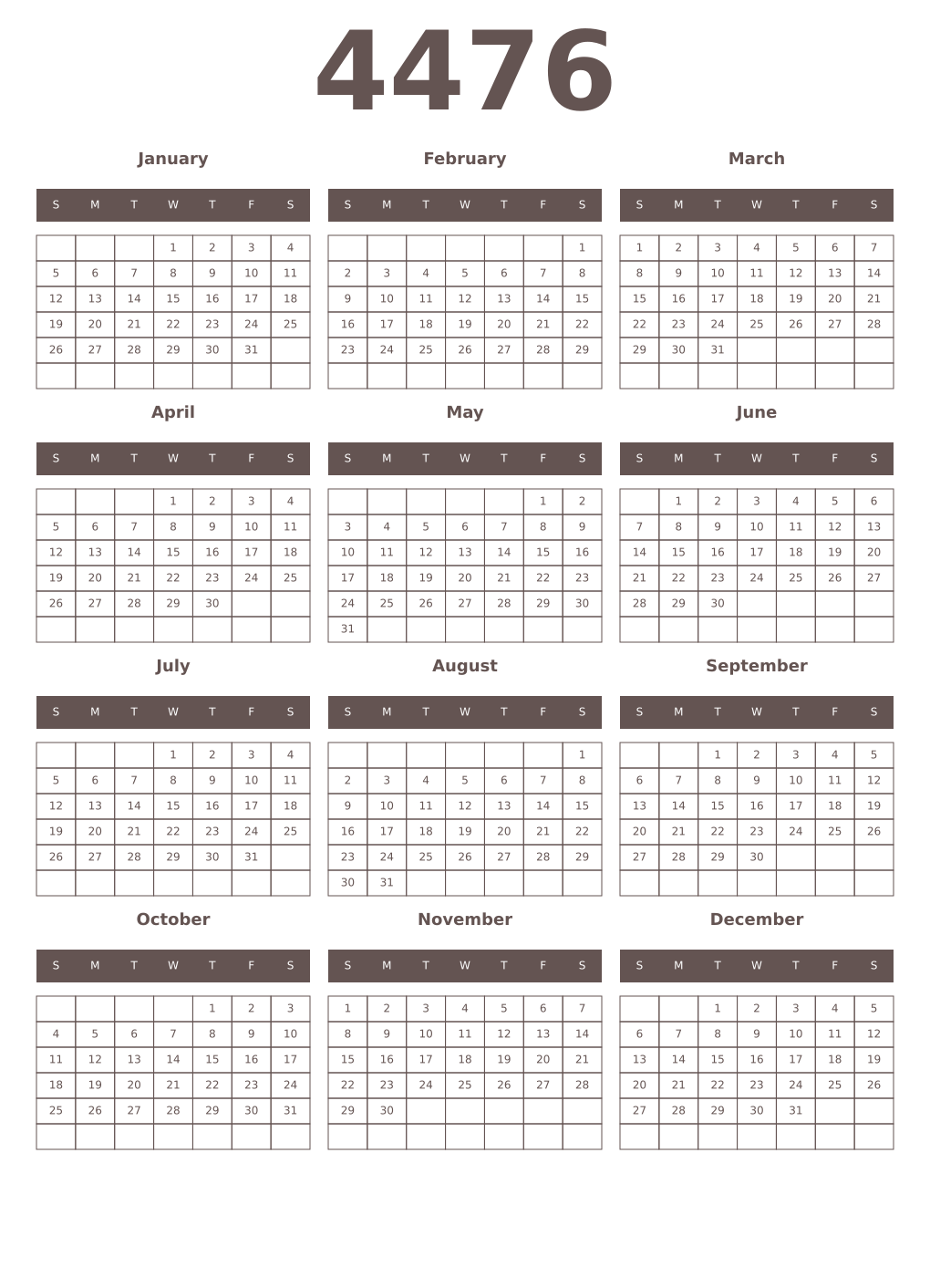 Printable 4476 Year Calendars wenge