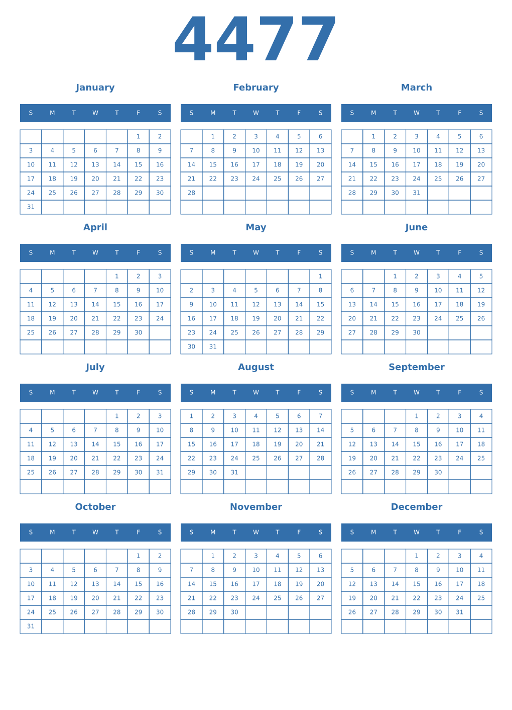Printable 4477 Year Calendars blue