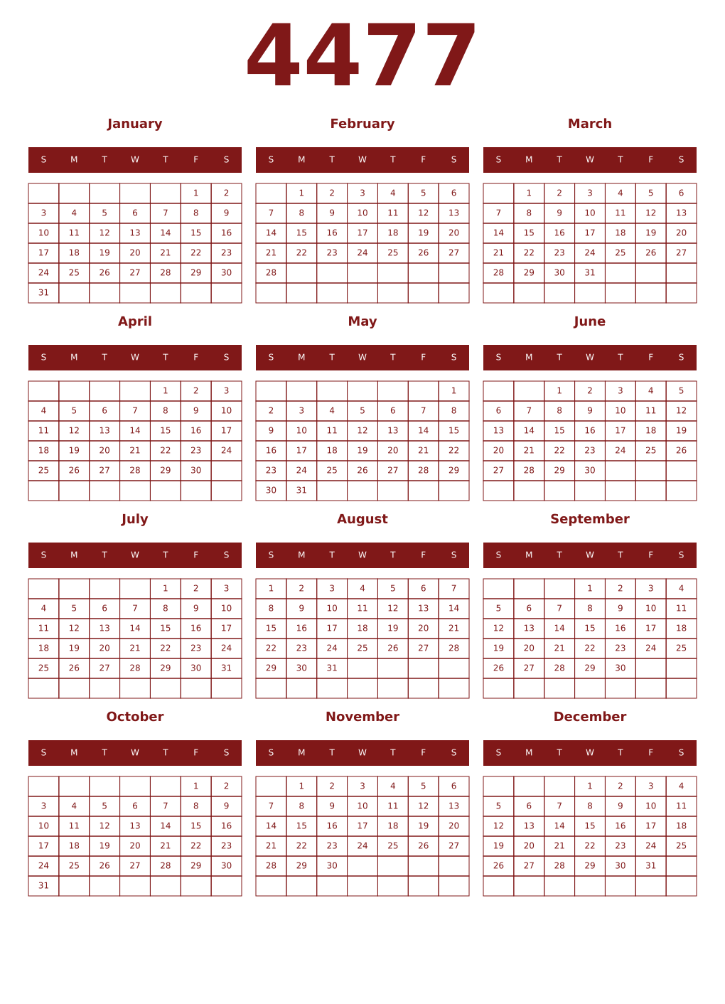 Printable 4477 Year Calendars falu