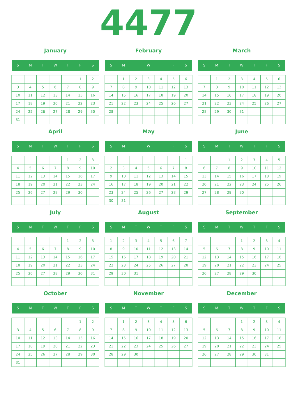 Printable 4477 Year Calendars green