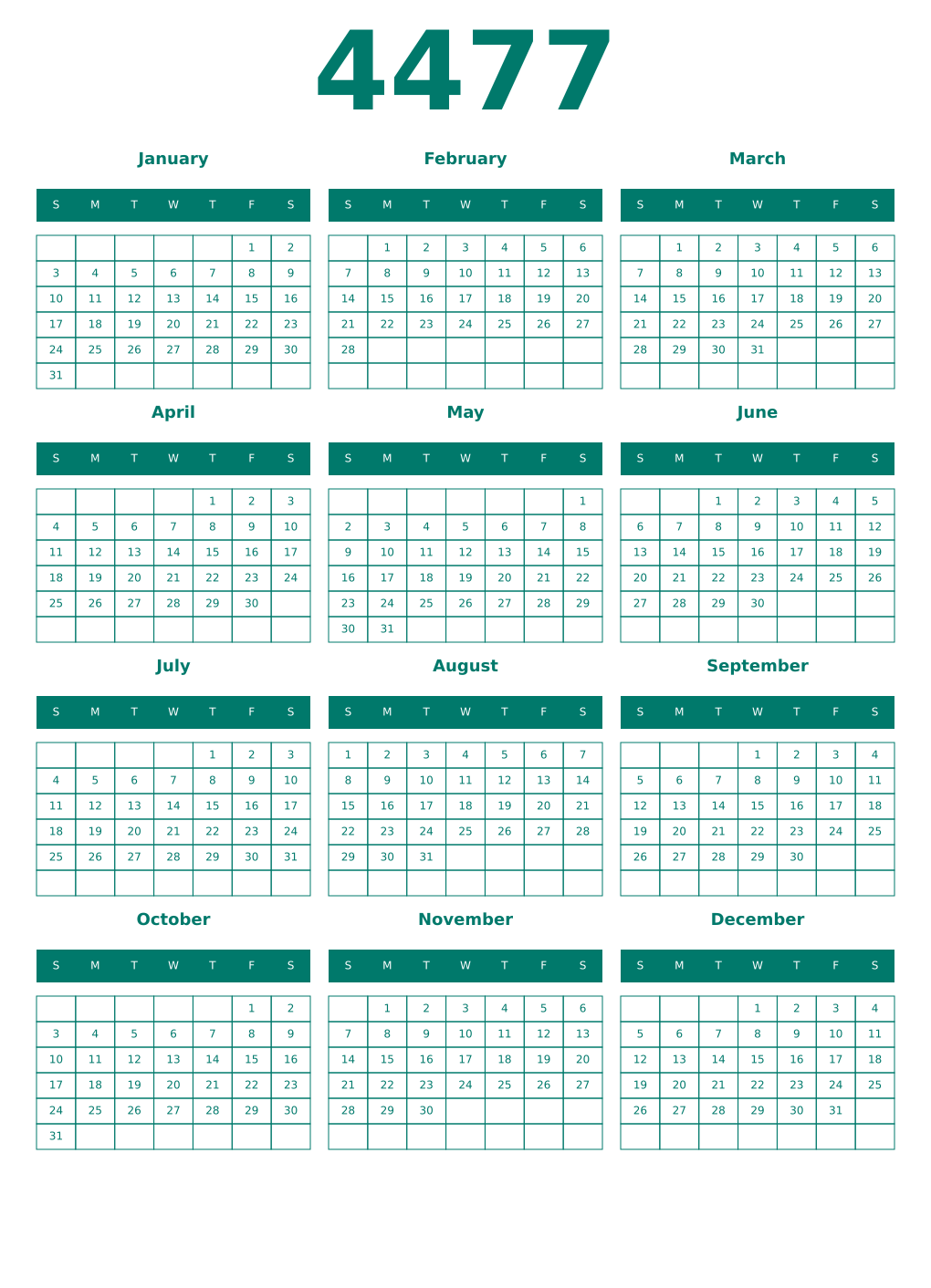 Printable 4477 Year Calendars pastel