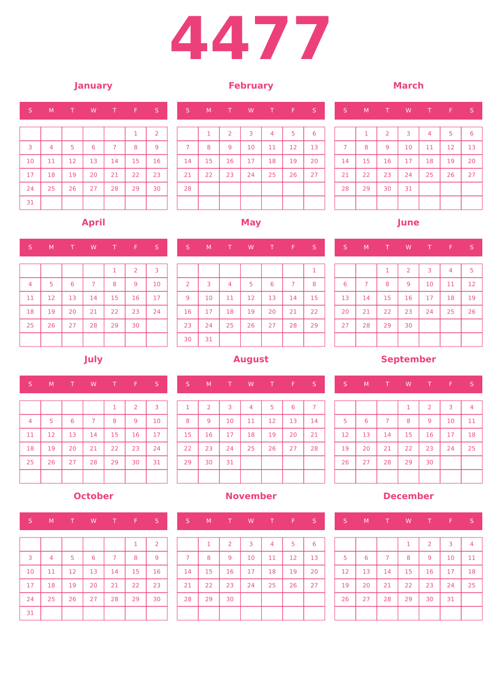 Printable 4477 Year Calendars pink