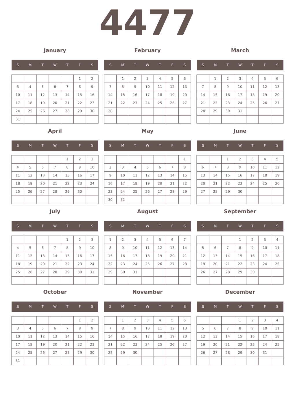 Printable 4477 Year Calendars wenge
